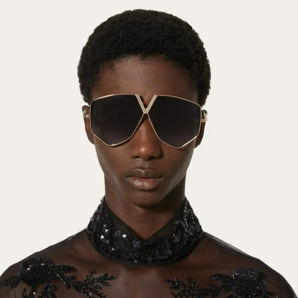 Valentino Men Sunglasses Titanium Gold Grey Oversized Aviator V - HEXAGON